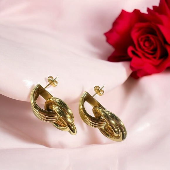 NEW Yellow Gold-Plated Stainless Steel Knotted & Looped Drop Earrings Celeb Fav - Picture 9 of 13